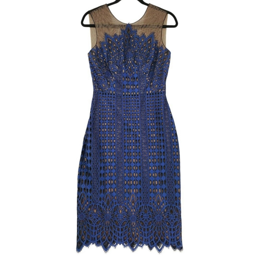 BCBGMAXAZRIA Lace Sheath Dress 2 Belila Blue Geometric Illusion Cocktail Wedding